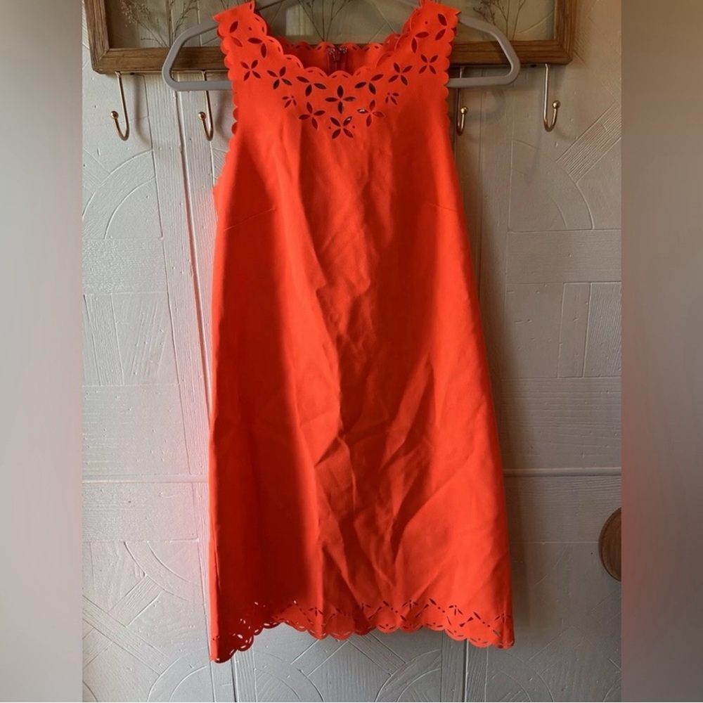 J. Crew Bright Orange Laser Cut Dress Stretch Scalloped Hem Sz 2